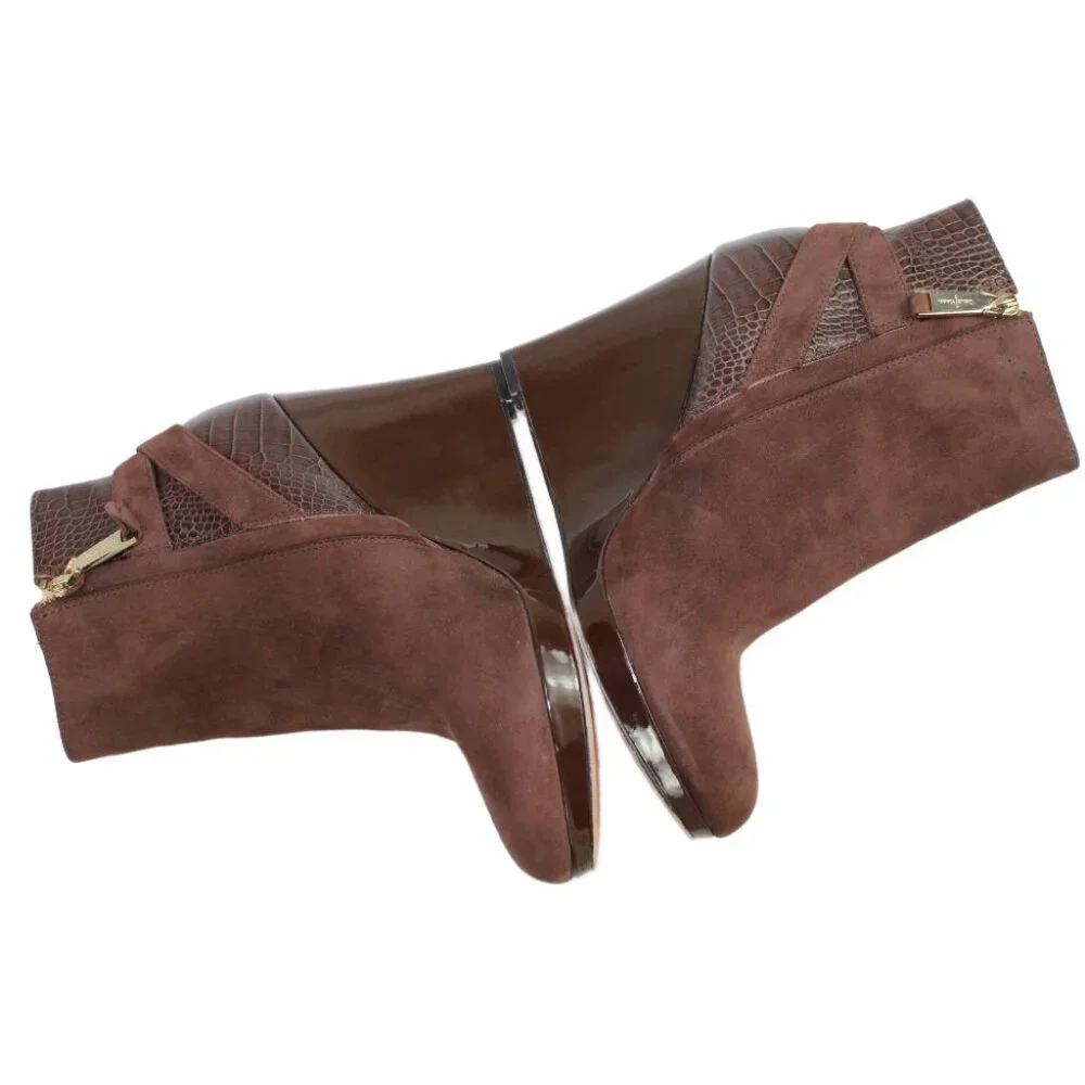 Cole Haan Martina Nike Air Chocolate Suede Croc Patent Wedge Bootie Size 9